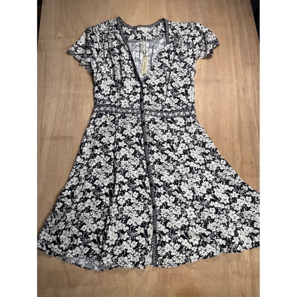 MAX STUDIO Black White Floral Print Button Front Midi Dress Size L - Picture 2 of 11